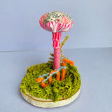 Springtime Folk Plush Mushroom with Inchworm. Decorative item, 3.5" tall. Made in Minneapolis by Heather Donohue