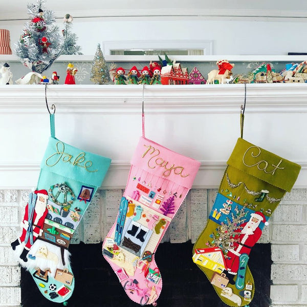Custom Christmas stockings made from felt, trims, and beads. Shown are seafoam, pink, and avocado green felt stockings with nostalgic, custom designs.